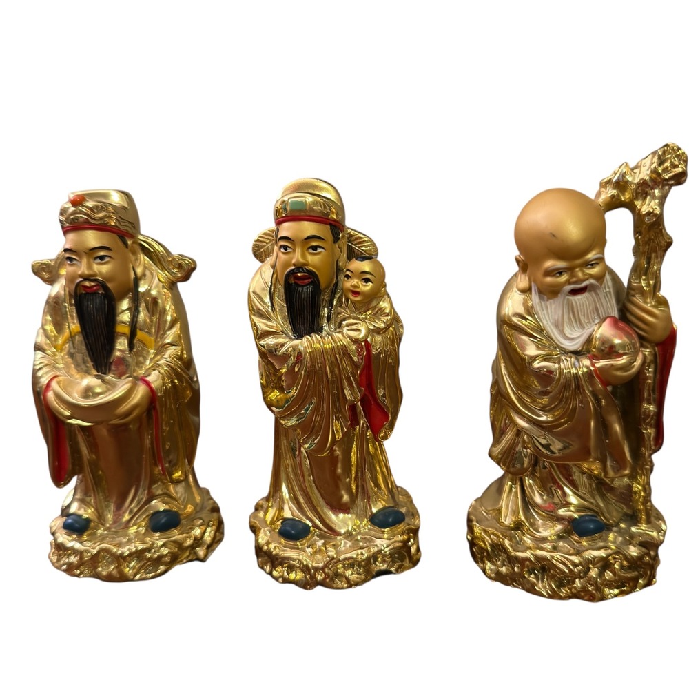 Golden Gods Figurines Set of 3 Fu Lu Shou Statues Feng Shui Decor 4.5"